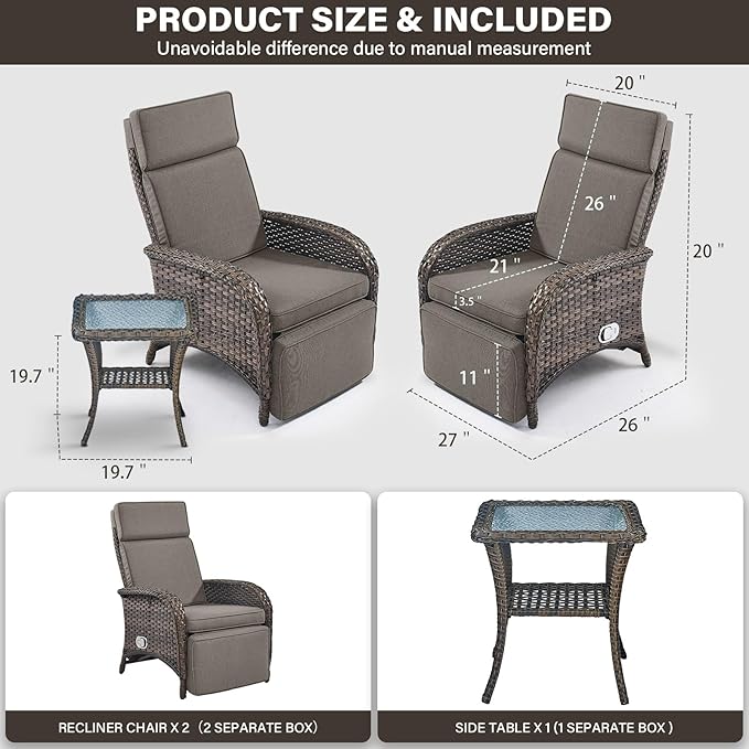 Belord Versatile Outdoor Recliner Chair Set of 3 - Reclining Patio Chair with Adjustable Backrest and Footrest, All-Weather Wicker Chaise Lounge Chair Outdoor with Side Table for Pool Deck