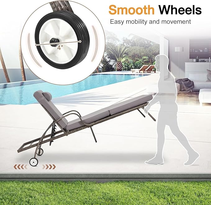HOMREST Pool Lounge Chairs Set of 3, Outdoor Wicker Chaise Lounge Chair with 5 Adjustable Backrest & Flexible Wheels & Thicken Cushion for Patio Garden and Poolside, Gray