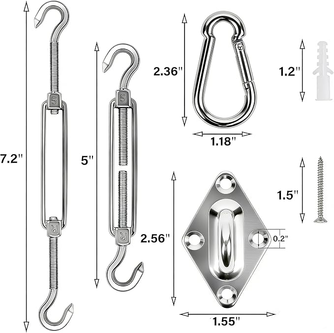 YOFIT 44 Pcs Shade Sail Hardware Kit, 5 Inch Outdoor Sun Sail Accessories, 304 Stainless Steel Turnbuckles & Brackets for Triangle/Rectangle Sails, Patio Canopy Installation Hardware Set Waterproof