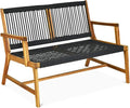 Tangkula 2-Person Patio Acacia Wood Bench Loveseat Chair, Outdoor Patio Bench Acacia Wood Bench in Teak Oil Finish, Patio Loveseat Rope Bench for Balcony Deck Poolside Porch (Black)
