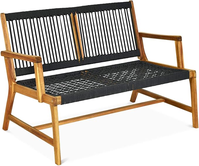 Tangkula 2-Person Patio Acacia Wood Bench Loveseat Chair, Outdoor Patio Bench Acacia Wood Bench in Teak Oil Finish, Patio Loveseat Rope Bench for Balcony Deck Poolside Porch (Black)