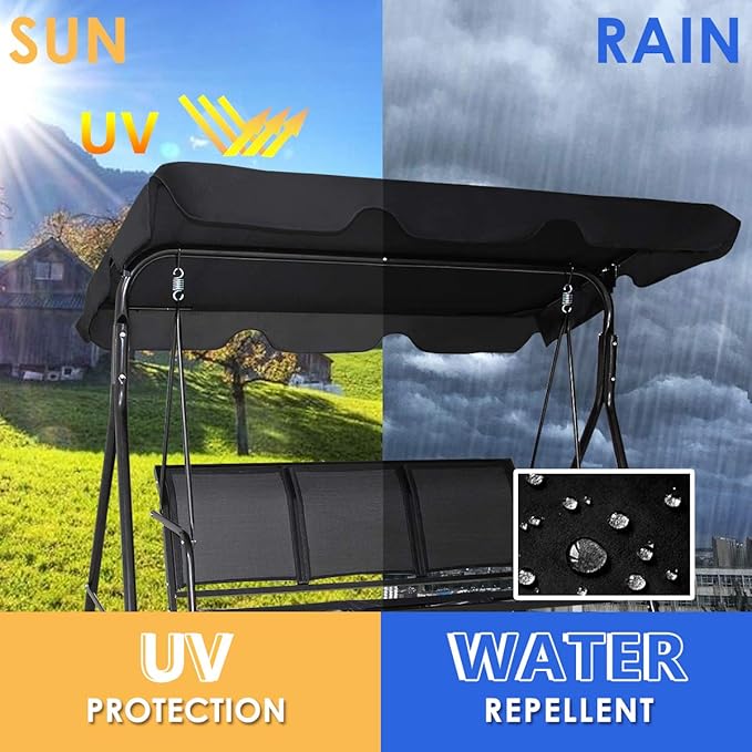 TANGKULA 3 Person Patio Swing, Steel Frame with Polyester Angle Adjustable Canopy, All Weather Resistant Swing Bench, Suitable for Patio, Garden, Poolside, Balcony (Black)