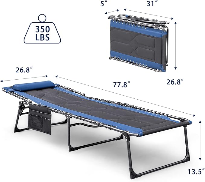 Devoko 4-Fold Padded Portable Folding Outdoor Chaise Lounge Heavy Duty Reclining Chair with Pillow & Side Pocket for Patio, Beach, Pool, Camping, Sunbathing (Blue)
