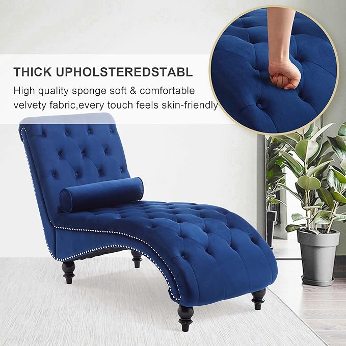 Chaise Lounge Indoor,Velvet Upholstered Lounge Chair Button-Tufted Armless Chair with Pillow, for Bedroom Living Room Office Modern Backrest Leisure Recliner Sleep Sofa,Blue