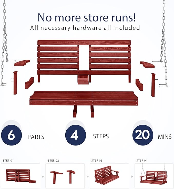 KINGYES Outdoor Hanging Patio Swing Set of 2, 2 Seat Swing Chair with Cup Holders, Waterproof Bench for Courtyard & Garden, 660LBS Weight Capacity, Red