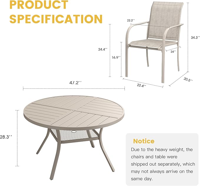 VICLLAX Patio Table and Chair Set of 6, All Weather Metal Round Outdoor Dining Furniture Set-47 Round Outdoor Table and Chairs, Sandshell Tabletop
