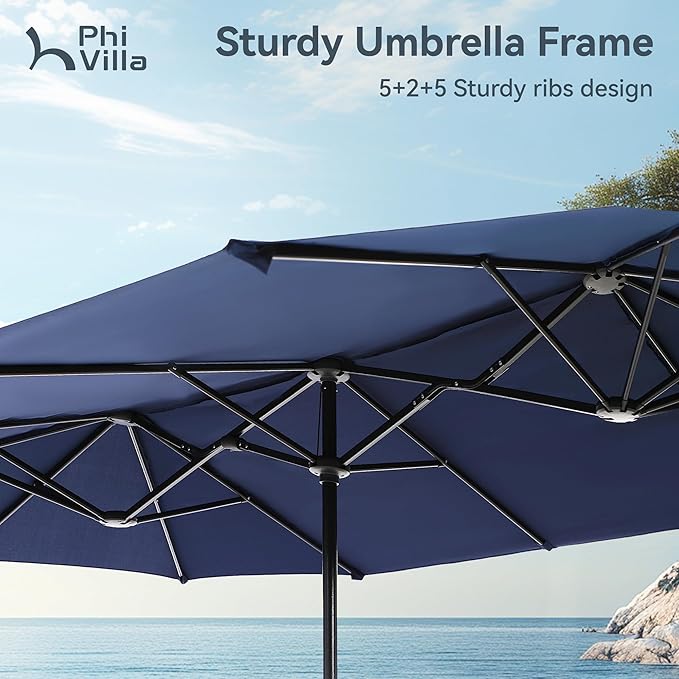 PHI VILLA 7 Pieces Outdoor Dining Set with Umbrella for 6, 60" Rectangular Metal Table & Stacking Wrought Iron Chairs & 13ft Blue Umbrella, Outside Large Furniture for Patio, Deck, Porch, Backyard