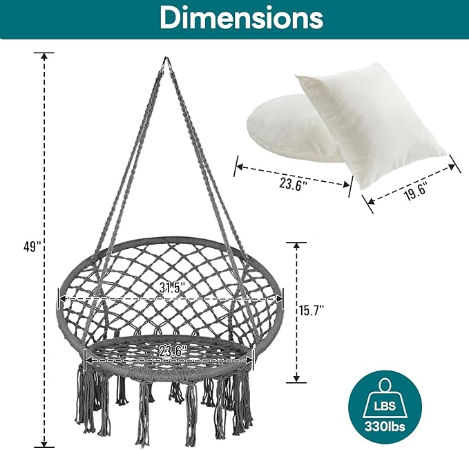 JoyView Macrame Hammock Chair Hanging Swing Chair Max 330 Lbs with 2 Cushions and Hardware Kits for Indoor Outdoor Bedroom Patio Garden - Dark Grey