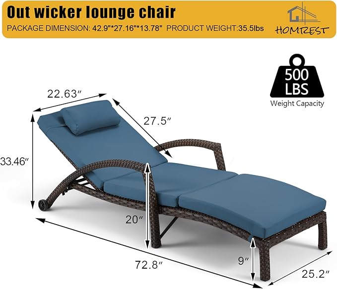 HOMREST Chaise Lounge Chairs Set of 2, PE Rattan Wicker Patio Lounge Chair with Adjustable 5 Position, Arm and Wheels for Poolside Backyard Deck Porch,Dark Blue
