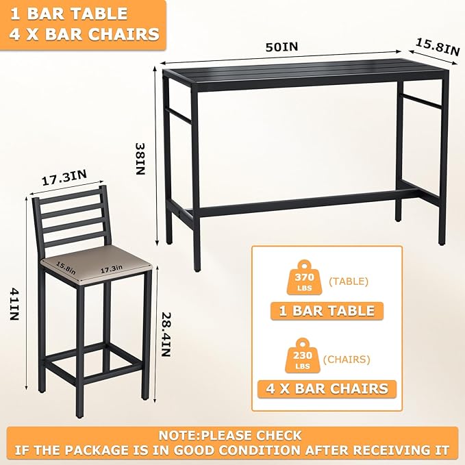 5 Piece Outdoor Patio Bar Set, 50" Rectangular Counter Height High Top Bar Table Patio Bar Set, 4 Cushioned 41" Bar Stools Modern Metal Outdoor Bar Set for Poolside, Balcony, Backyard, Porch