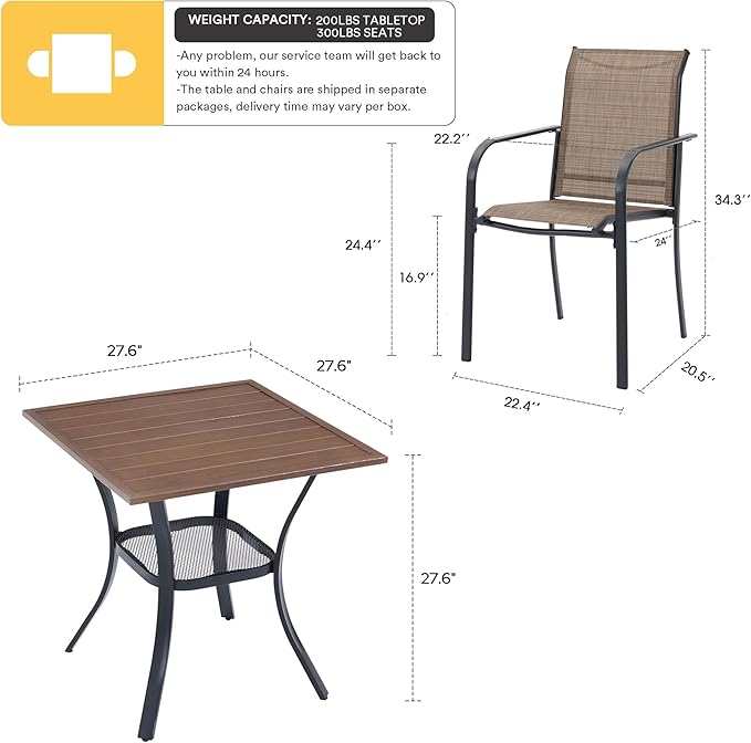 VICLLAX 3 Pieces Patio Dining Set for 2, Outdoor Furniture Set Includes 1 Small Patio Table and 2 Stackable Patio Sling Chairs, Patio Bistro Set for Outsides, Walnut Table and Brown Chairs