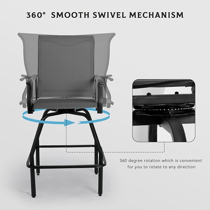 LEVELEVE Patio Bar Set 2pcs Swivel Bar Stools Outdoor Bistro Textilene Furniture Stability All-Weather Set with Height Table (2, Grey Fabric)