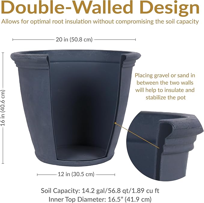 Sunnydaze 20-Inch Anjelica Large Plastic Pot for Plants - Outdoor Double-Walled Large Plastic Planter with Drillable Drainage Holes - Slate - 4pk
