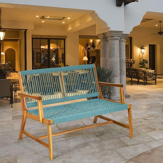 Tangkula 2-Person Patio Acacia Wood Bench Loveseat Chair, Outdoor Patio Acacia Wood Bench in Teak Oil Finish, Patio Loveseat Rope Chair for Balcony Deck Poolside Porch (Turquoise)