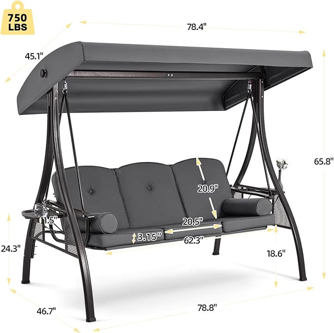 HOMREST 3 Person Outdoor Porch Swing with 1.5" Upgraded Cup Holder, Adjustable Canopy, Backrest, Patio Swing Bed with Weather Resistant Steel Frame, Cushions for Garden,Deck and Poolside(Grey)