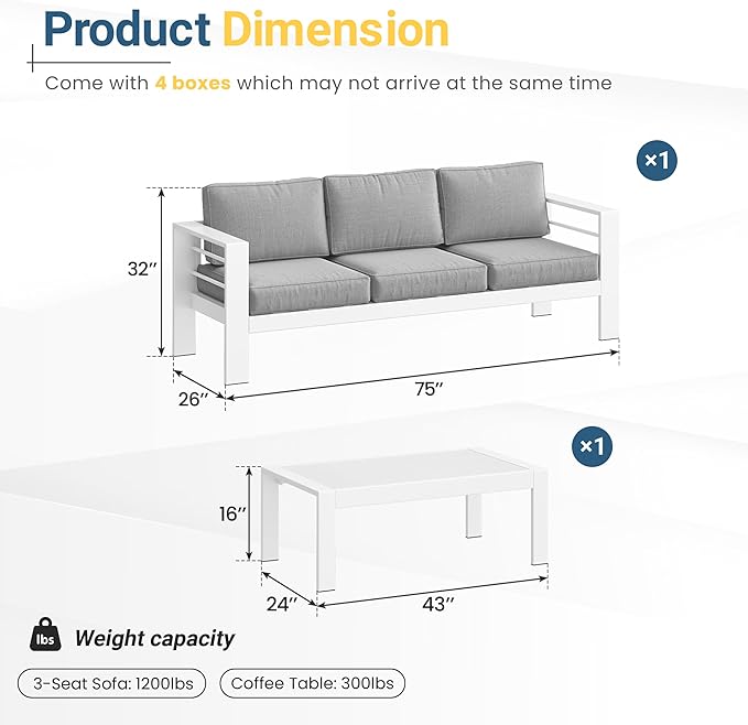 Solaste Aluminum Patio Furniture Set for All Weather, Oversized Metal Outdoor Furniture Set with 27.5" Deep Seating and 3.2" Wide Armrest, Outdoor Patio Sofa with 10" Back Suport Cushion