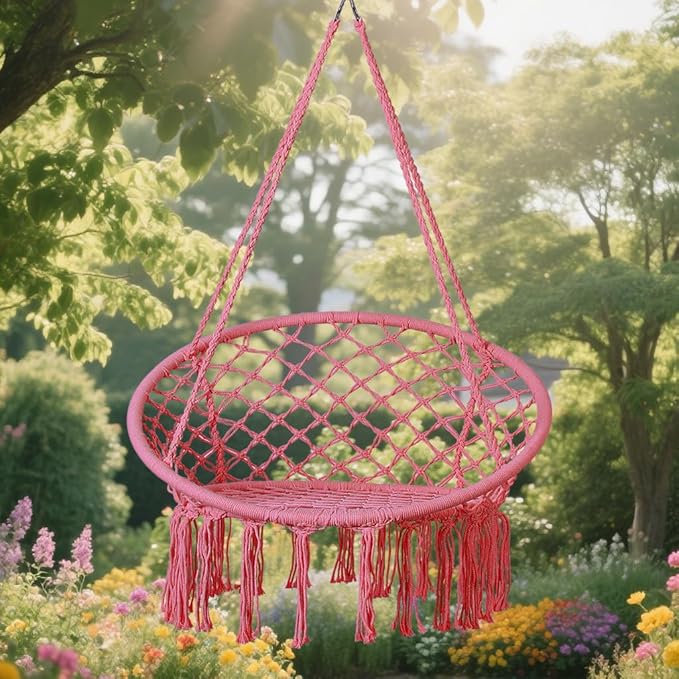 Goutime Hammock Chair, Macrame Hanging Swing Chairs with Hardware Kit,Adult Boho Swings for Outside,Patio,Balcony,Bedroom (Pink (Pillows are not Included))