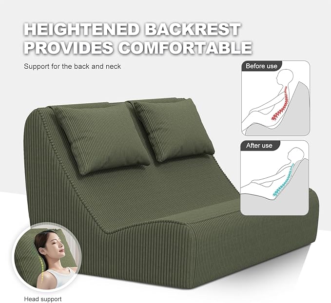 Giant Bean Bag Chair for Adults - Indoor Chaise Lounge with Pillows & Ottomans, Upholstered Loveseat Floor Sofa Chair for Reading, Gaming, Napping, and Movies (Olive Green)