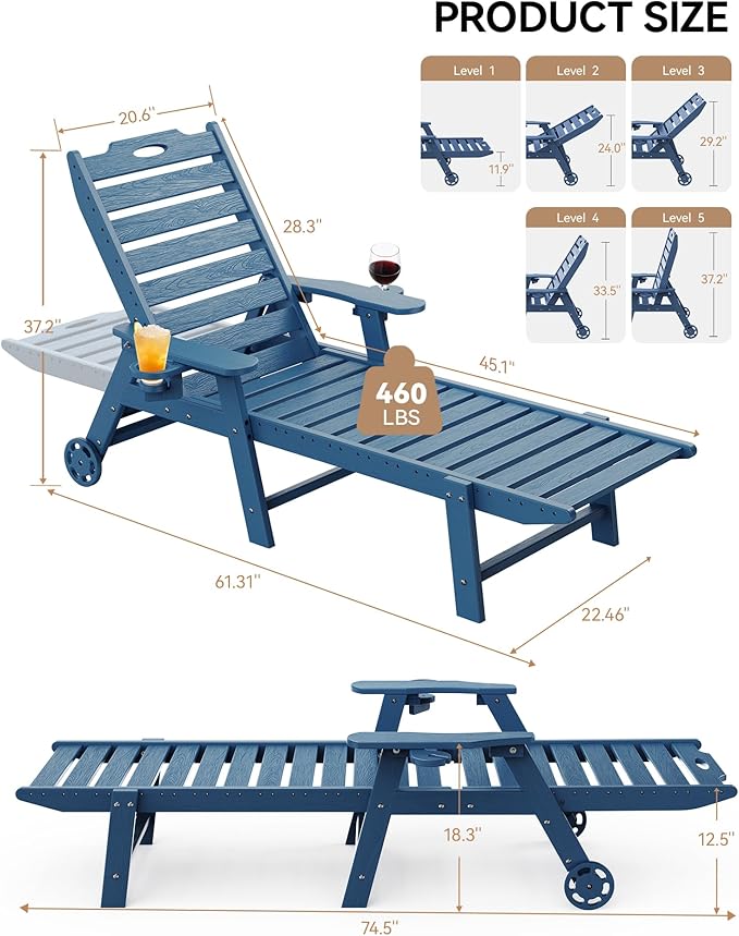 Carauci Lounge Chair Outdoor Set of 2, HDPE Chaise Lounge with Wheels, 5-Position Adjustable Backrest & 2 Cup Holders Patio Lounge Chair, All-Weather Pool Sun Lounger for Poolside, Backyard, Blue