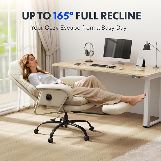 FLEXISPOT Luno 2-in-1 Chaise Lounge Chair Indoor with Wheels Footrest 90-165° Reclining Lumbar Support, Home Office Chairs for Living Room Bedroom Study Working Relaxing, Leather, Beige White