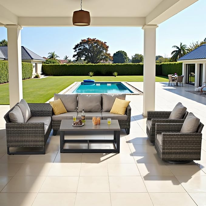 Belord Family Reunion Patio Conversation Set - 6 Piece Outdoor Sectional Furniture Set with Storage Box and Wicker Swivel Glider Chair Set of 2,Removable Gray Cushions for Deck Backyard Sunroom