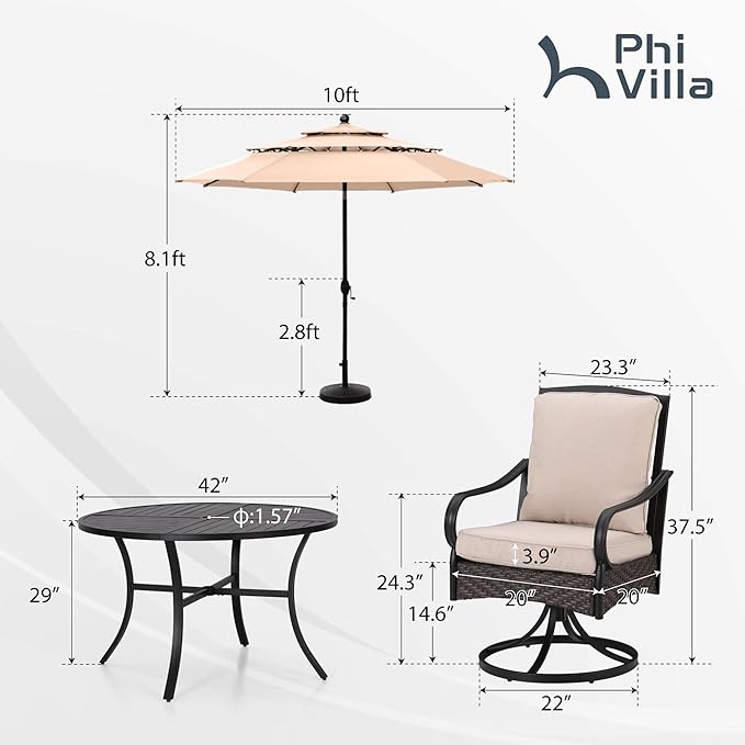 PHI VILLA 6-Piece Outdoor Dining Sets, All-Weather Patio Table and Chairs Set with Umbrella for 4, Heavy Duty Patio Round Table Set for Deck, 4 Extra Large Outdoor Swivel Chairs with Thick Cushions
