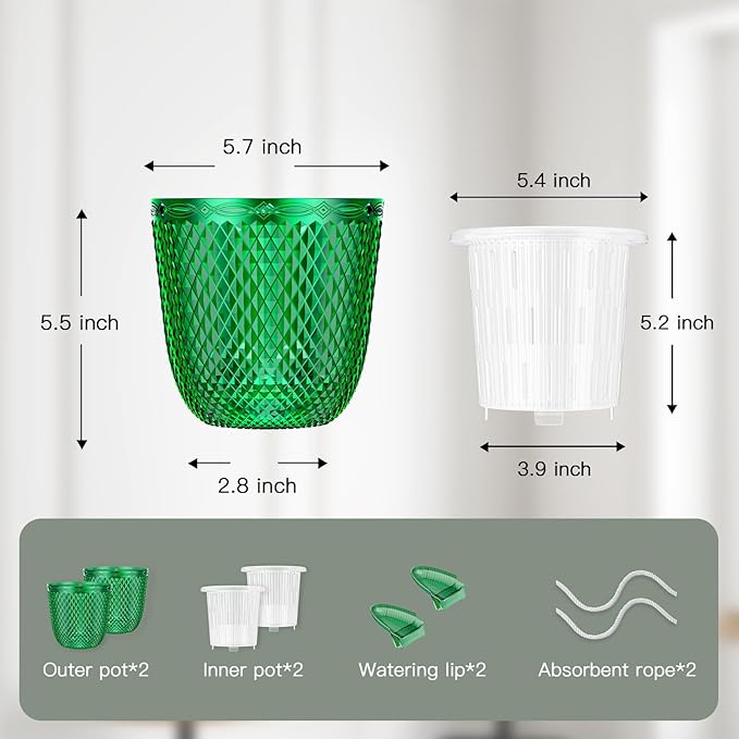 QCQHDU 2 Pack Self Watering Pots, 5.7 Inch Flower Pots with Drainage Holes and Water Filling Port, Garden Planter for Indoor Outdoor Plants (Emerald)