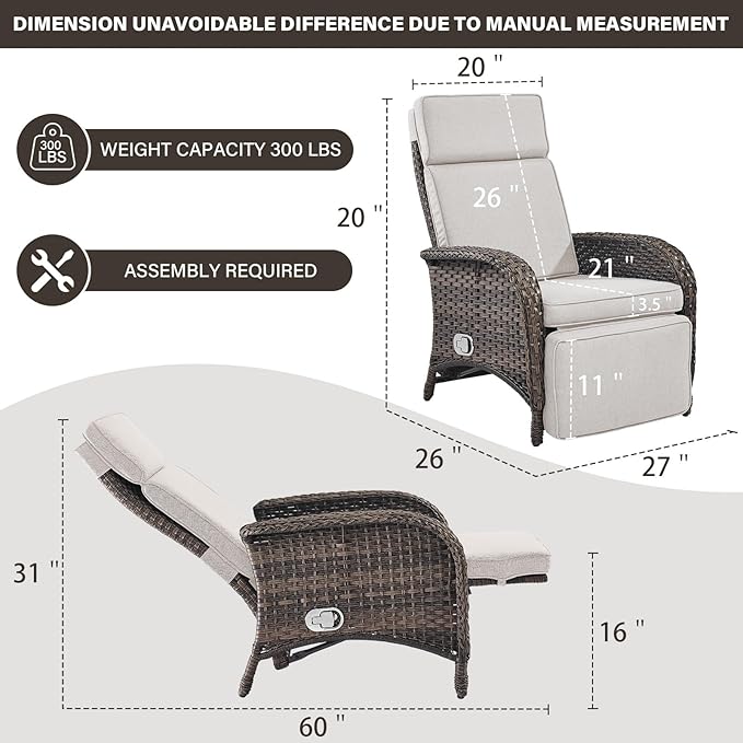 Belord Versatile Outdoor Recliner Chair - Reclining Patio Chair Set of 2 with Adjustable Backrest and Footrest, All-Weather Wicker Chaise Lounge Chair Outdoor for Pool Deck Brown