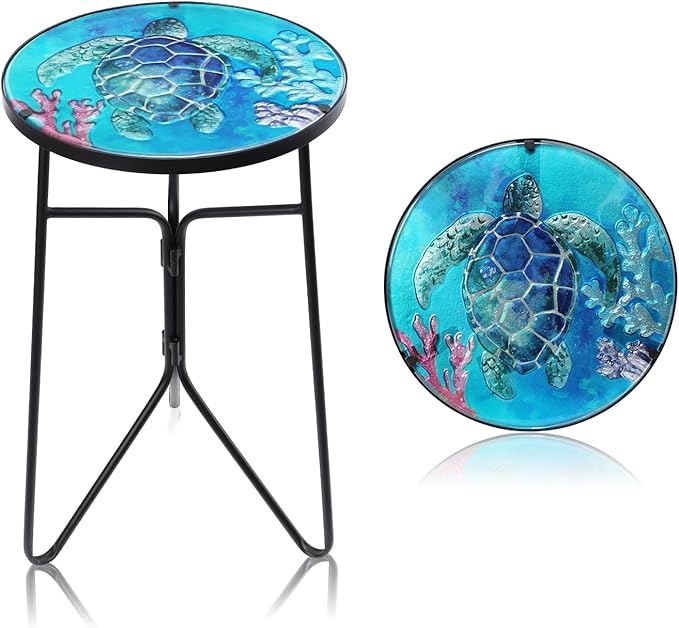 VCUTEKA Patio Side Table Outdoor Accent Table Bistro Coffee Table Plant End Table Small Porch Table Indoor Round Glass Balcony Plant Table Stands Sea Turtle 12''
