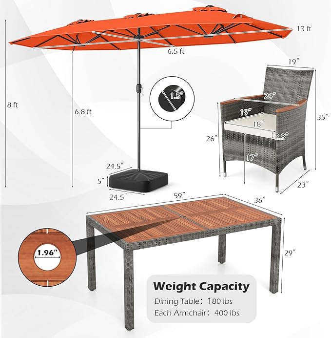 Tangkula 9 Piece Rattan Outdoor Dining Set with 13Ft Umbrella for 6, Outdoor Wicker Table Set with 6 Cushioned Armchairs, Acacia Wood Top, Outdoor Umbrella & with Base Included
