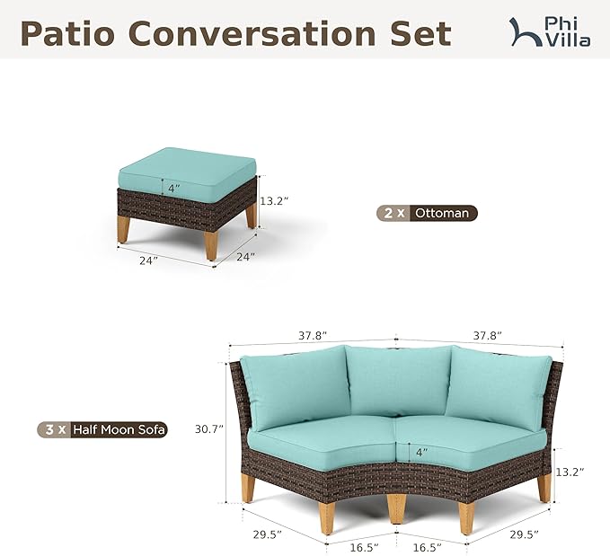 PHI VILLA 4-Piece Curved Patio Furniture Set, Half-Moon Wicker Sectional Furniture Sofa Set for 8 Seats with Cushioned 3 x Curved Sectionals and 2 x Ottoman, Aqua Blue