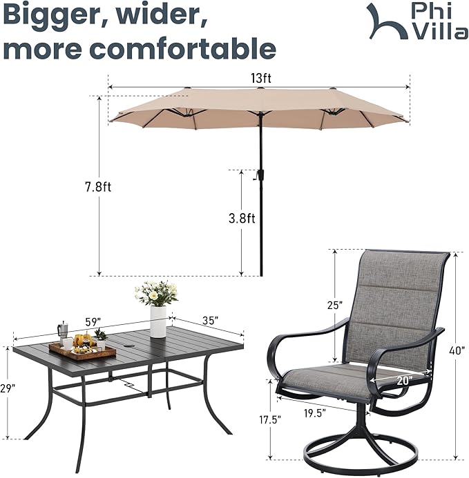 PHI VILLA 8 Piece Patio Dining Set with 13ft Patio Umbrella (Beige), 6 Outdoor Padded Swivel Dining Chairs & 1 Large Metal Dining Table with 1.9" Umbrella Hole, for Lawn Garden Backyard