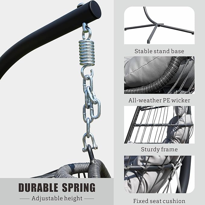 FREDEES Egg Swing Chair with Stand, Outdoor Hanging Egg Chair with Cushion for Patio/Porch/Balcony/Indoor (Light Gray)
