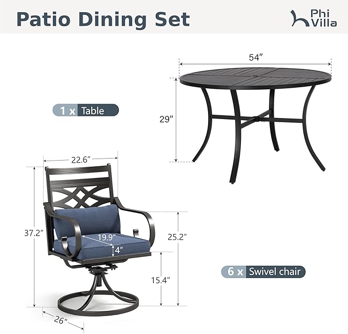 PHI VILLA 7 Pieces Outdoor Dining Set for 6, 54" Round Black Metal Table with Umbrella Hole & Wrought Iron Swivel Chairs, Large Outside Furniture with Blue Cushions & Pillows for Patio, Deck, Porch