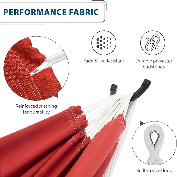 Vivere Double Sunbrella Hammock with Space-Saving Steel Stand, Heavy-Duty Portable Outdoor Hammock Set for Backyard, Patio, or Travel, Crimson