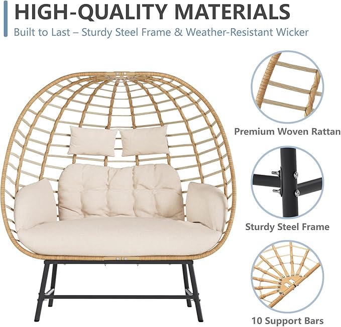 SWITTE Double Wicker Egg Chair Outdoor, Indoor 2-Person Papasan Loveseat with Thick Cushions, Oversized Patio Lounge Chair, 680 lbs Capacity for Balcony, Porch, Backyard-Beige