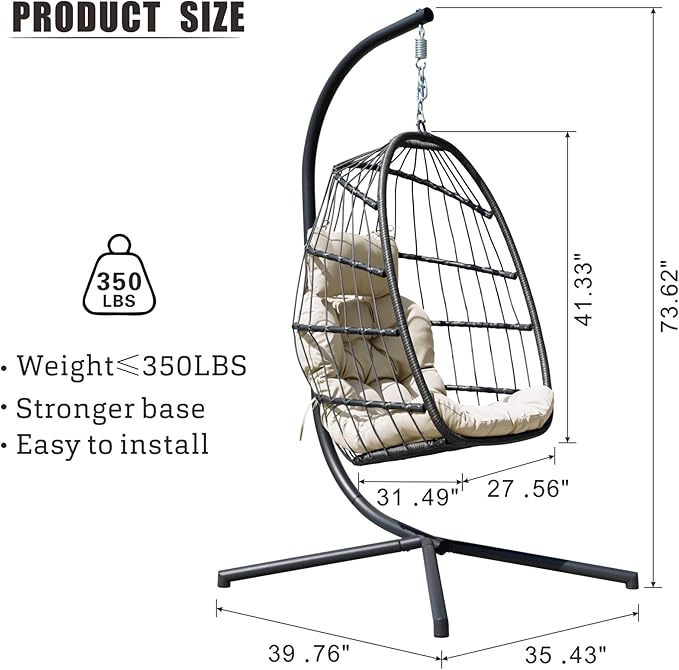 FREDEES Egg Swing Chair with Stand, Outdoor Hanging Egg Chair with Cushion for Patio/Porch/Balcony/Indoor (Beige)