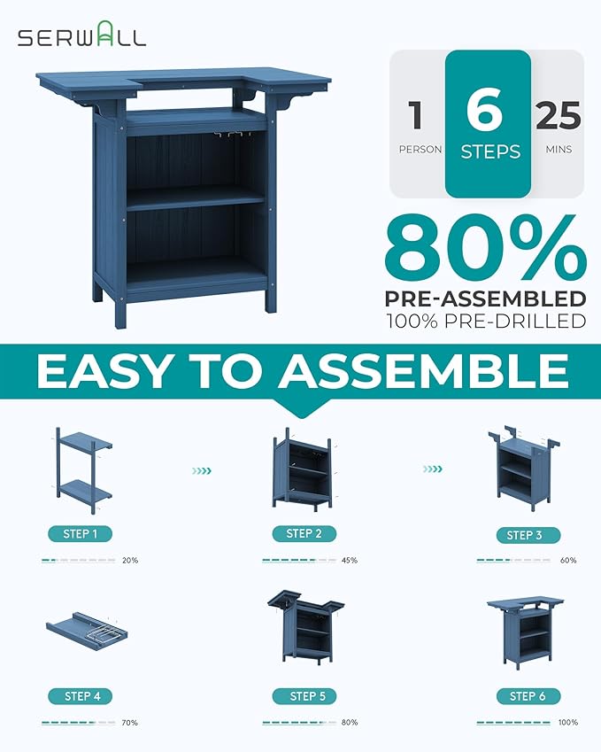 SERWALL Outdoor Bar Table Set (1 Table with 2 Chairs) – HDPE Blue Patio Bar Cabinet with 4-Tier Storage & Spacious Tabletop, Perfect for Outdoor, Poolside, Backyard