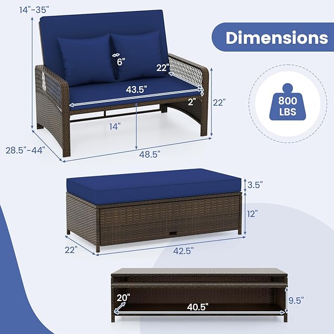 Moccha Outdoor Daybed, Rattan Loveseat Sofa with 4-Level Adjustable Back, Cushions, Storage Ottoman, Pillows, Wicker Sunbed, 2-Person Bed Lounger for Backyard Porch Pool Patio Furniture Set (Navy)