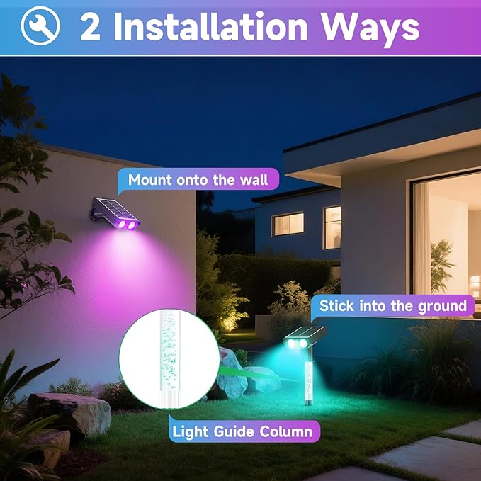 Color Changing Solar Spot Lights Outdoor with PC Light Guide Column, 8 Lighting Modes Christmas Outdoor Spotlight, IP65 Waterproof RGB Solar Spotlight for Garden Yard Tree Pathway, 4Pack