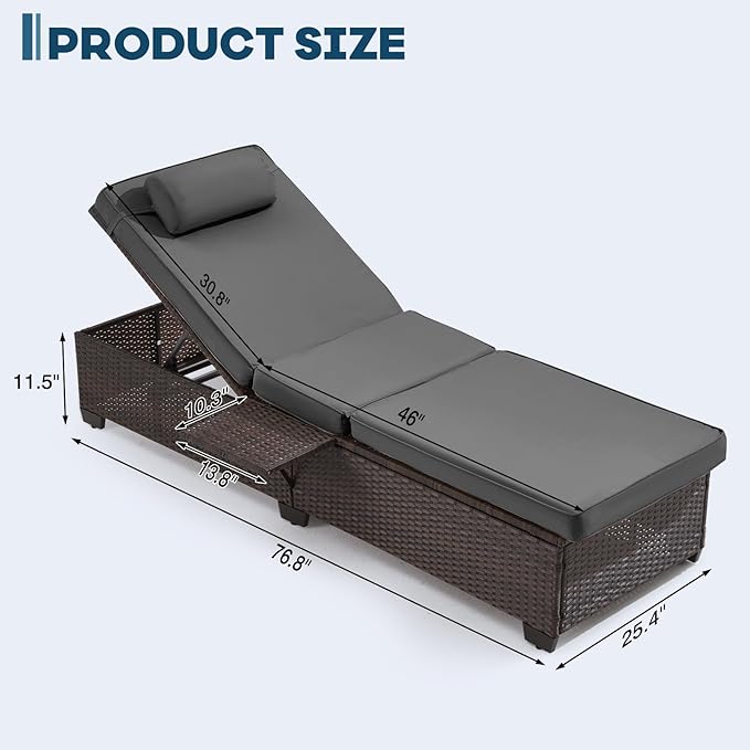 Outdoor Lounge Chairs, Pool Lounge Chairs Set of 2, Outdoor Chaise Lounge with Adjustable Backrest & Cup Holder,Grey Cushiom
