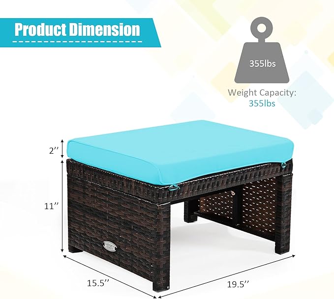 Tangkula 2 Pieces Patio Rattan Ottomans, All Weather Outdoor Footstool Footrest Seat with Soft Cushion, Hidden Zipper, High-Density Sponge, Wicker Ottoman Seat for Patio, Garden, Poolside (Turquoise)