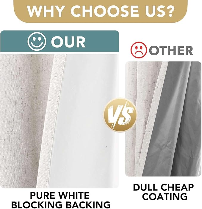 H.VERSAILTEX 100% Blackout Curtains Linen Textured Blackout Curtains for Bedroom Full Light Blocking Thermal Insulated Curtain Panels 84 Inches Long Energy Saving with White Liner, 2 Panels, Ivory