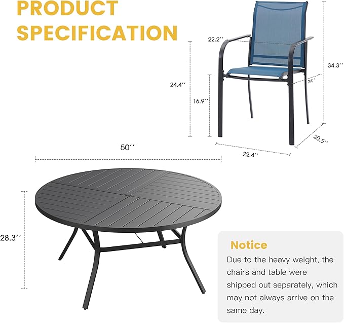VICLLAX Patio Table and Chair Set of 6, All Weather Metal Round Outdoor Dining Furniture Set-50 Round Outdoor Table and Chairs, Black Tabletop