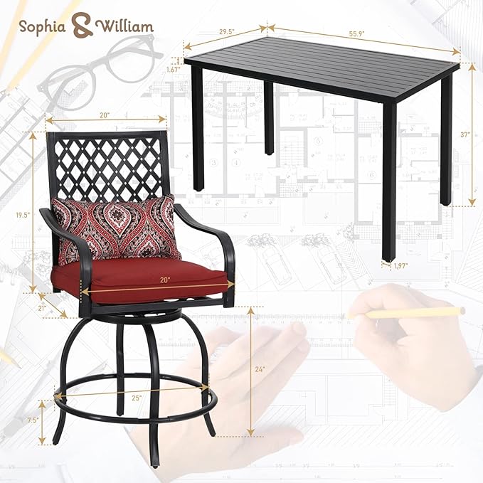 Sophia & William Patio Bar Set 5 Piece Outdoor Dining Set, 4 Swivel Bar Stools Chairs with Red Cushion and 1 Rectangular Bar Height Table, All-Weather Metal Furniture Set for Garden Lawn Backyard