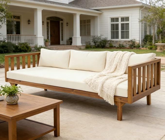 Merax Solid Acacia Wood Couch Chaise Lounge Chair Indoor, 3 Seater Daybed Sofa Couches with Cushions & Pillow, Heavy Frame Day Bed for Living Room, Office, Outdoor, Balcony, Patio, Water Resistant