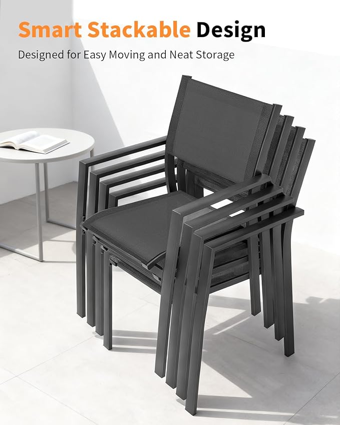 5 Pieces Outdoor Dining Set, Never-Rust Aluminum Expandable Patio Dining Table Set, 32"-65" Extendable Dining Table and Stackable Textilene Dining Chairs for Backyard, Deck, Indoor, Black