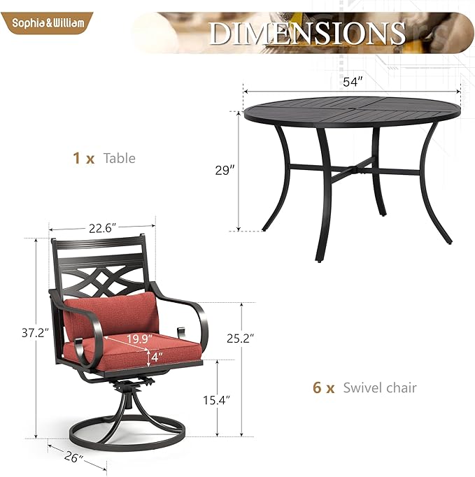 Sophia and William Swivel Patio Dining Set for 6, Outdoor Table and Chairs, Removable Seat Cushions, Black 54" Round Patio Dining Table,Red