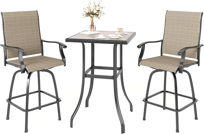 MFSTUDIO 3 Piece Outdoor Swivel Bar Set, Outdoor Bar Table and Chairs Set, Patio High Top Table and Chairs, Tall Bistro Set Patio Bar Height Table and 2 Chairs, Brown
