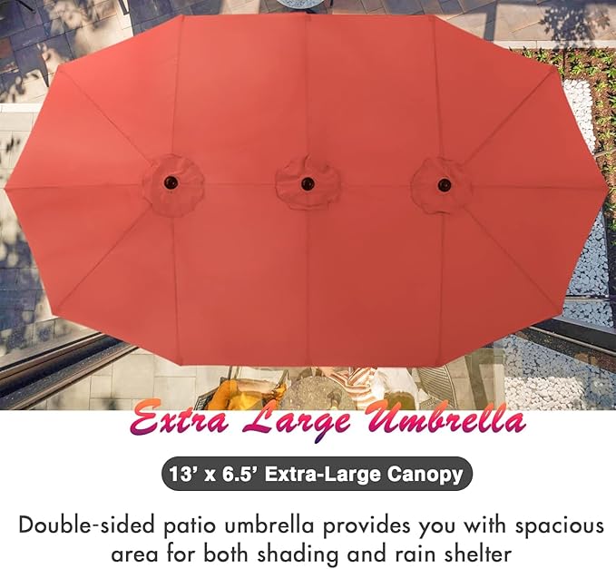 PHI VILLA 7 Pieces Outdoor Dining Set for 6 with Umbrella, 60" Long Metal Table & Stackable Iron Chairs with Cushions & 13ft Red Umbrella, Modern Steel Furniture Set for Patio, Deck, Yard, Porch